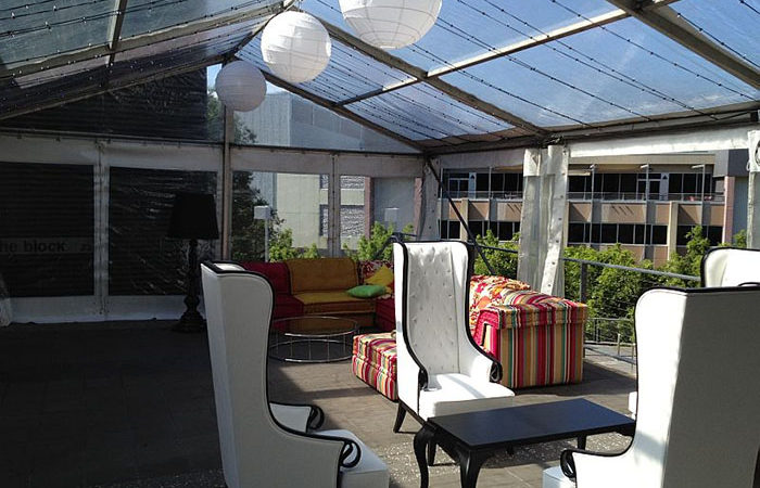 Paper Lanterns on clear roof marquee